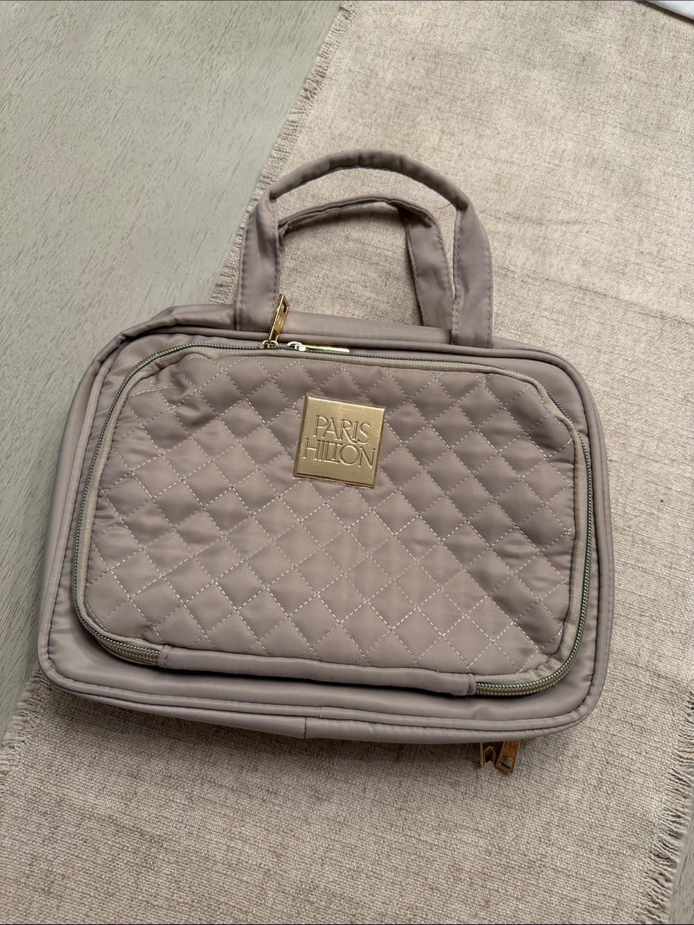 Paris Hilton Quilted Taupe Cosmetic Train Case with Gold Logo